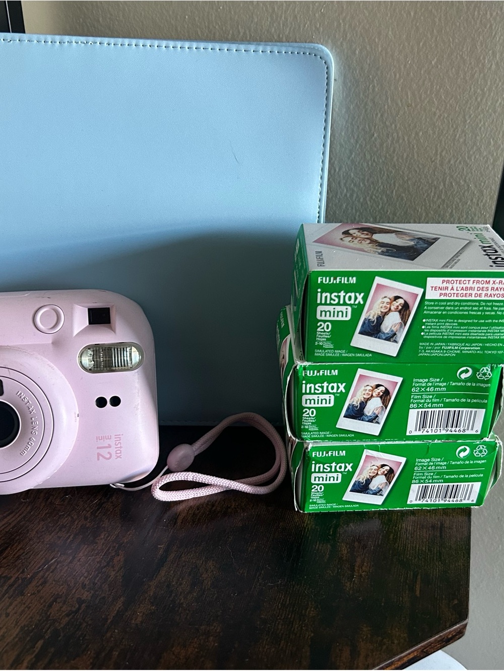Instax Mini 12 Instant Camera - Light Pink with Green Film Boxes